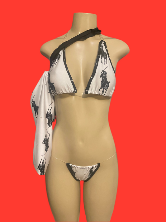 Luxury Polo Print Inspired Micro Bikini Set – Sheer String Thong for Exotic Dancer with Money Bag