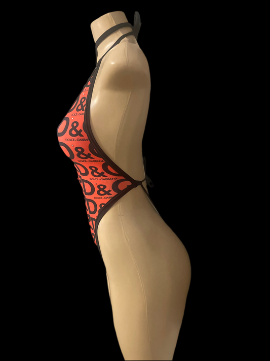 Red D&G-Inspired Thong Bodysuit – Deep V Cut Exotic Dancewear with Money Bag