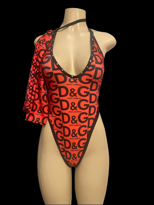 Red D&G-Inspired Thong Bodysuit – Deep V Cut Exotic Dancewear with Money Bag