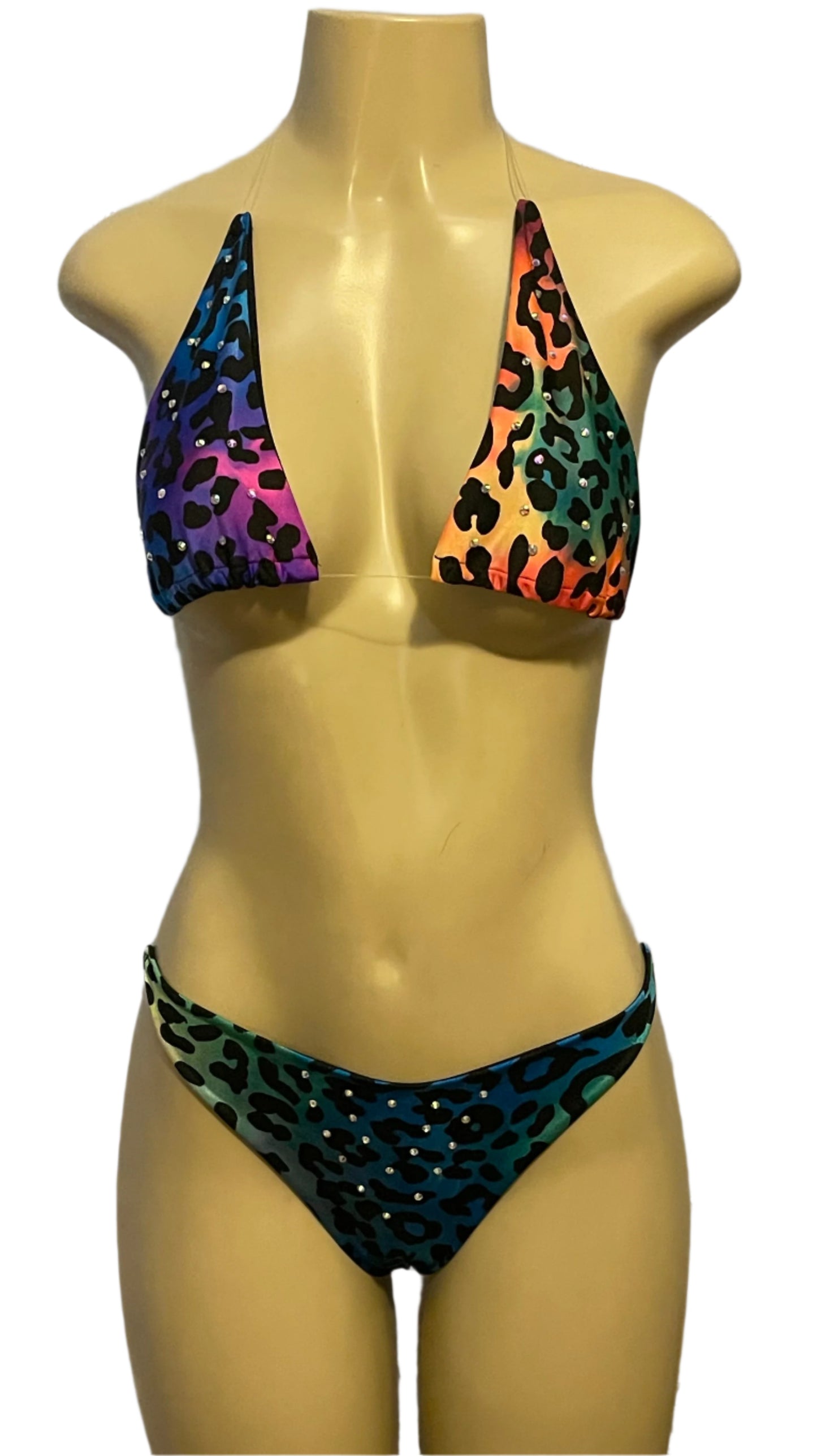 Rainbow Leopard Rhinestone Bikini Set