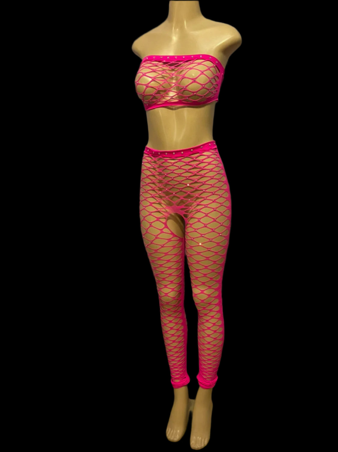 Hot Pink Fishnet Rhinestone Two-Piece Set