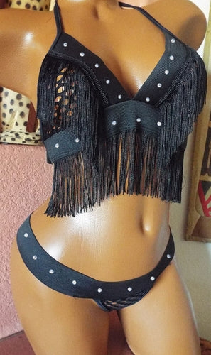 BONFIRE 2 PIECE NET LINED  THONG BACK RHINESTONE SET W/FRINGE BY BLUE ORCHID