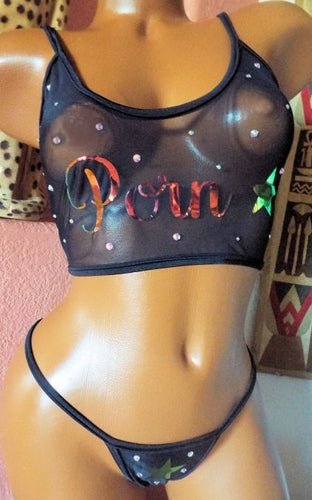 PORN STAR RHINESTONE GLITTER THONG BACK 2 PIECE